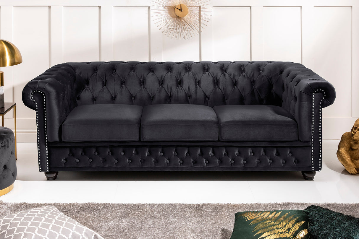 Sofa CHESTERFIELD 205cm spring core 3-seater velvet black