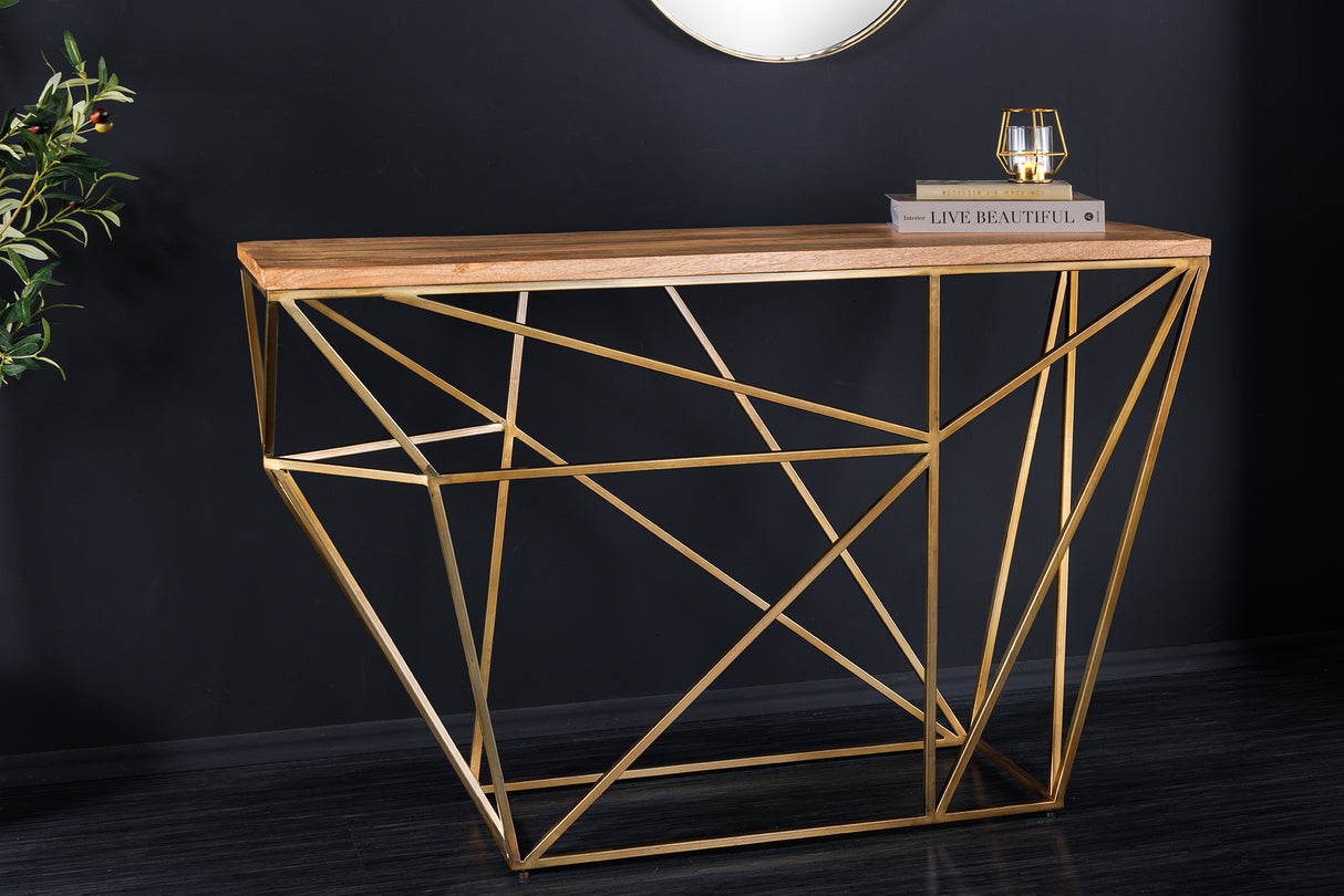 Konsole DIAMOND 120cm Eisen in Messingoptik Platte Mangoholz