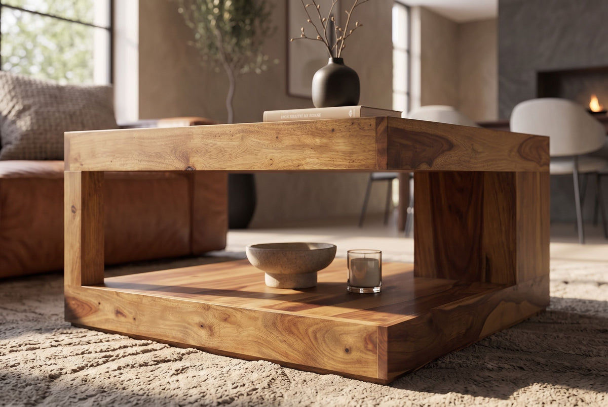 Coffee table GIANT L 80x80cm w/ open storage shelf sheesham wood natural stone finish