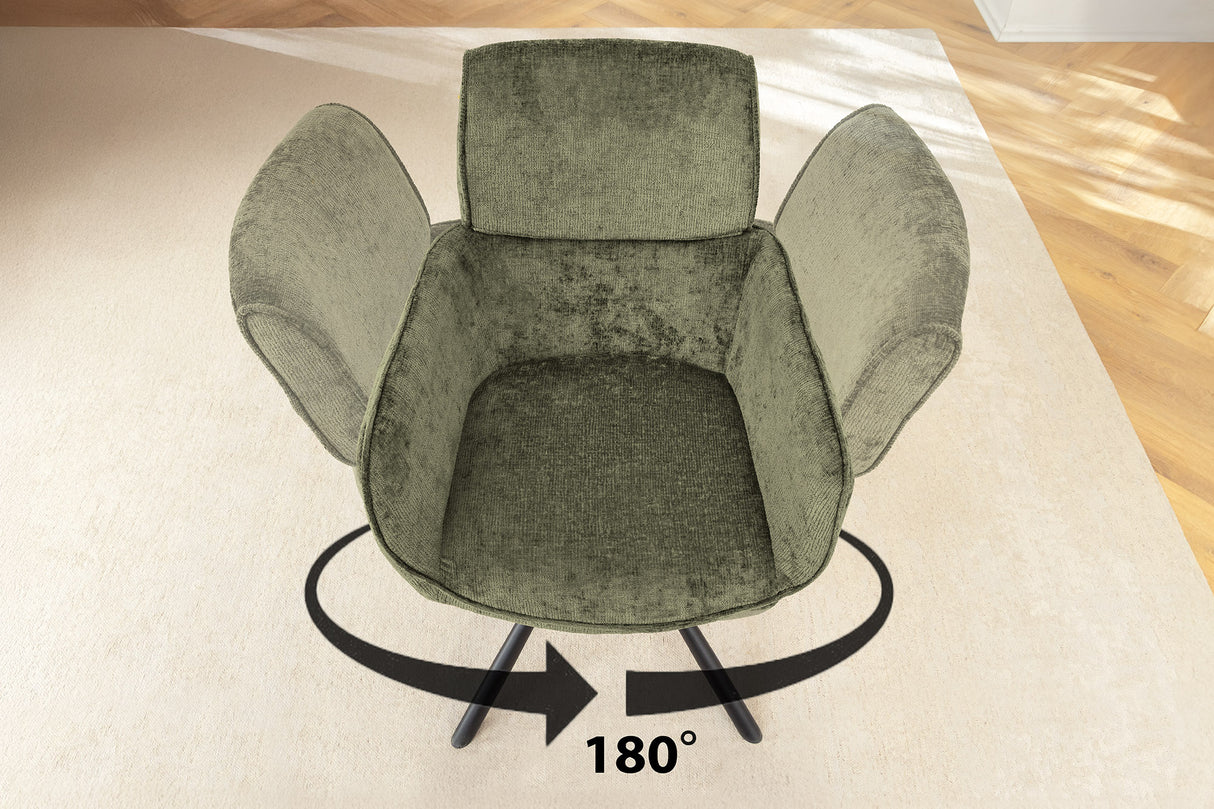 Drehstuhl UNIQUE 180° mit Armlehnen Chenillestoff grün und schwarzen Beinen