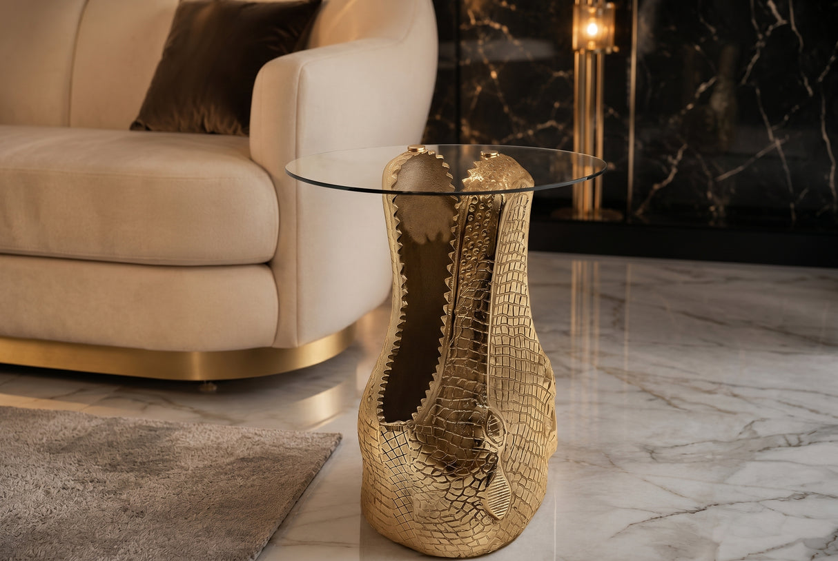 Beistelltisch WILDLIFE KROKODIL, runder Couchtisch, 50 cm Durchmesser, gehärtetes Glas, Gold