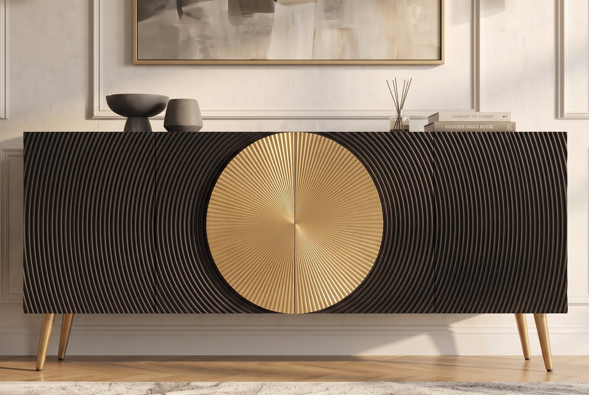 Sideboard AURUM 180cm textured front gold circle accent mango wood black gold metal feet