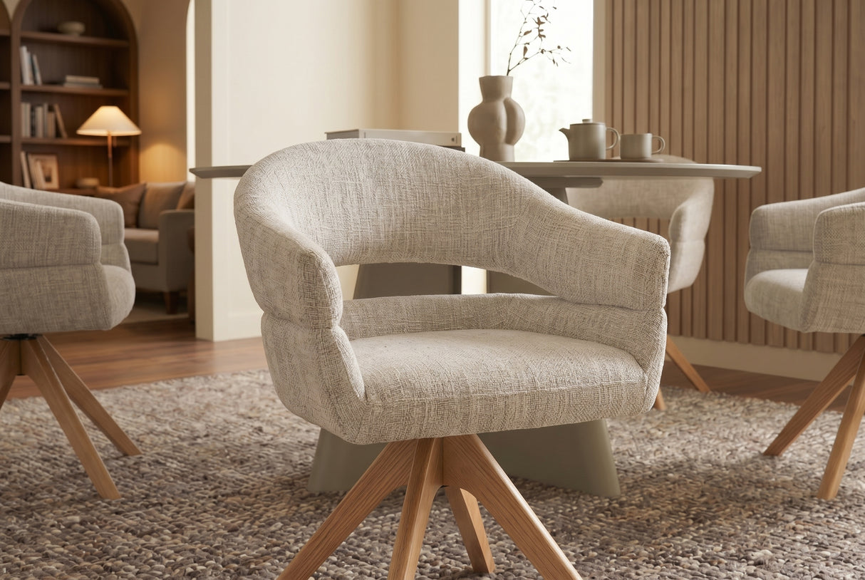 Swivel chair ORGANIKO 180° auto-return w/ armrests chenille fabric beige natural