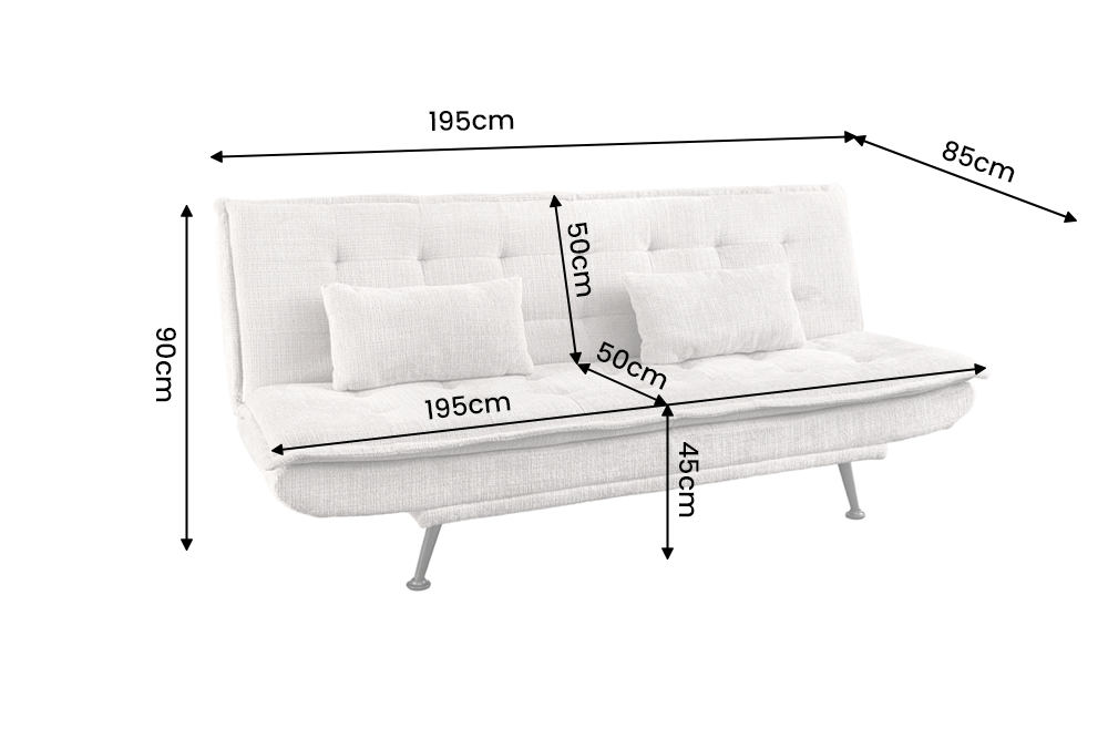 Schlafsofa JAZZ 195cm 3-Sitzer Knopfheftungsoptik Chenille champagner beige mit schwarzen Metallfüßen