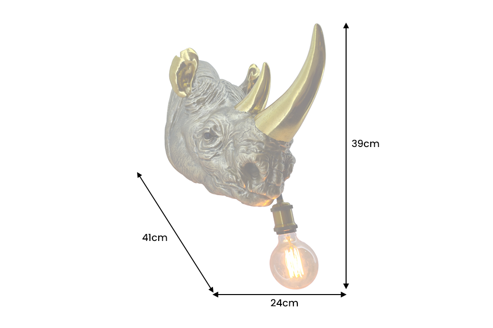 Wandleuchte RHINO 40 cm handgefertigte goldene Nashornskulptur