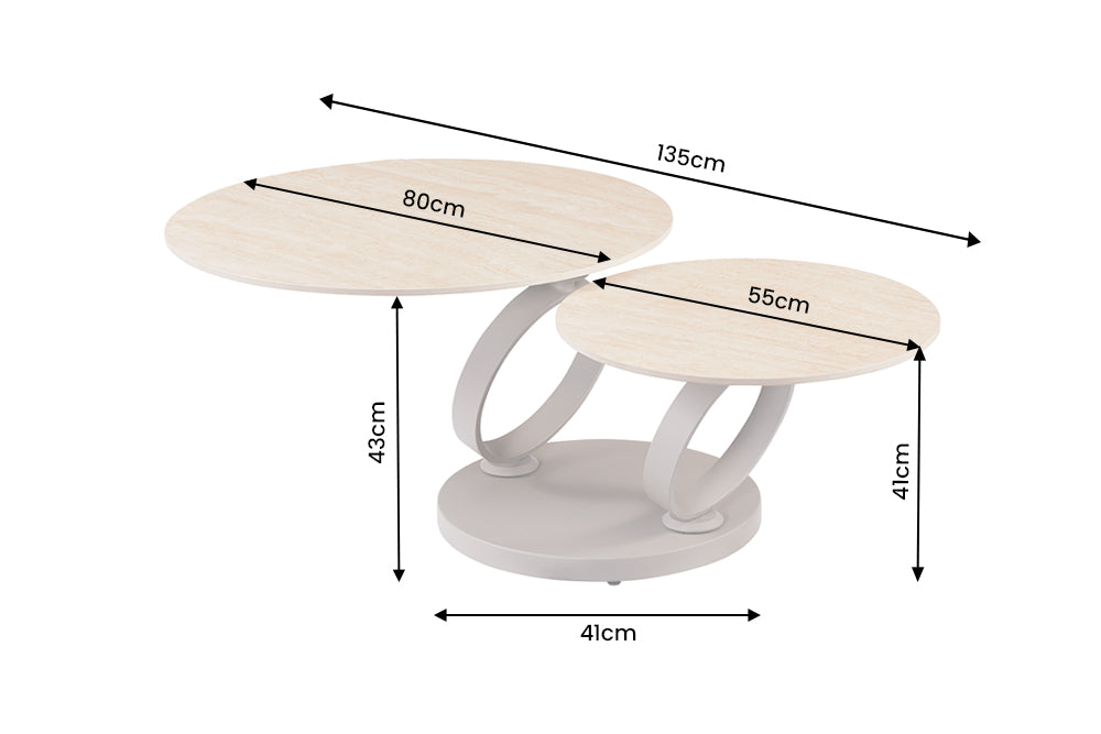 Coffee table DANCING RINGS round rotatable travertine ceramic champagne greige
