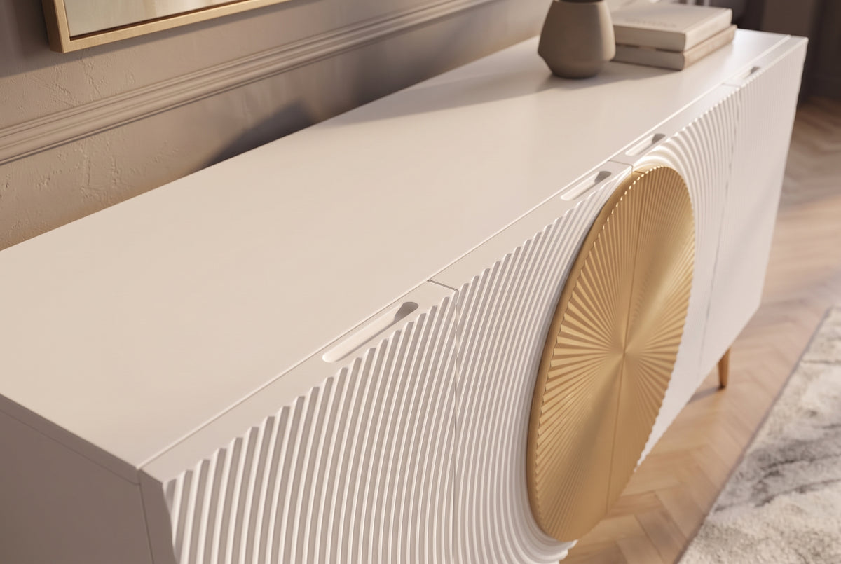 Sideboard AURUM 180cm textured front gold circle accent mango wood white gold metal feet