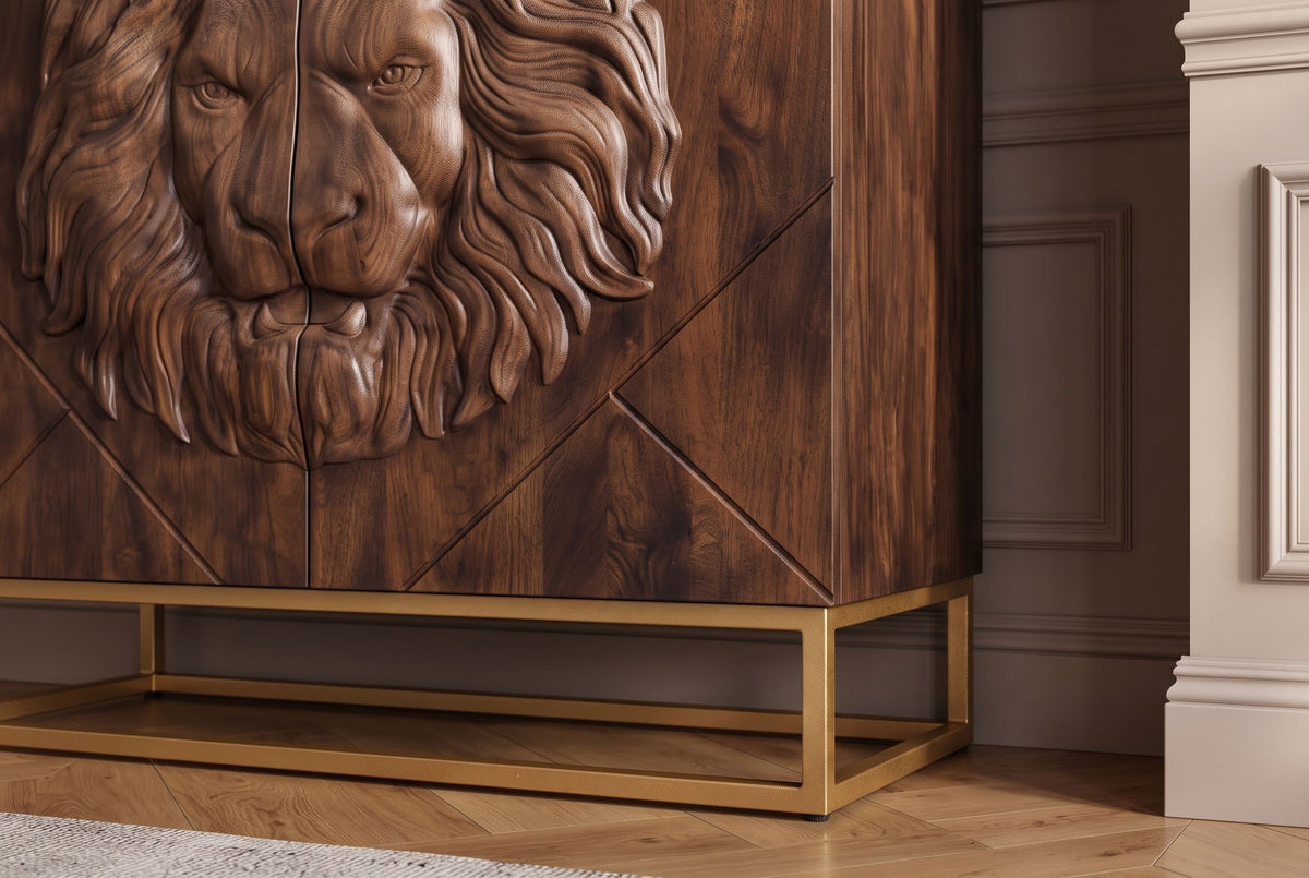 Highboard LION 120cm 3D lion front mango wood brown w/ gold metal frame