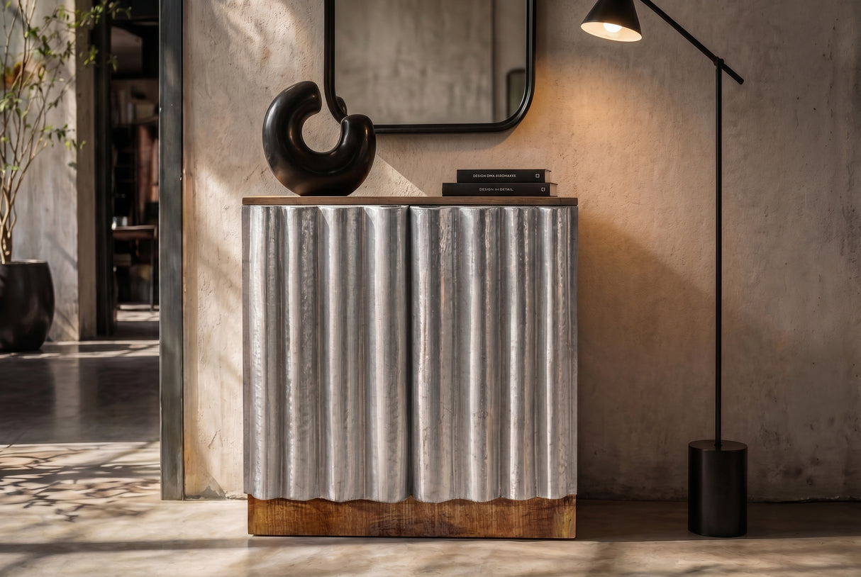 Sideboard ZALVERO 75cm Mangoholz Aluminiumfront naturfarben silber