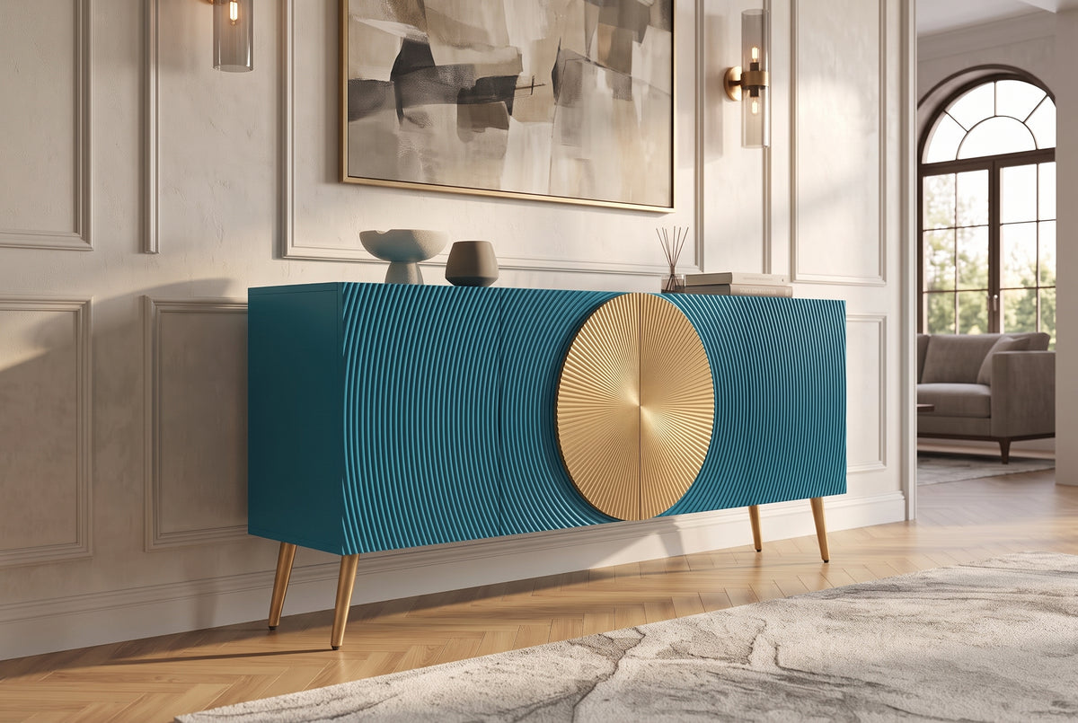 Sideboard AURUM 180cm textured front gold circle accent mango wood turquoise gold metal feet