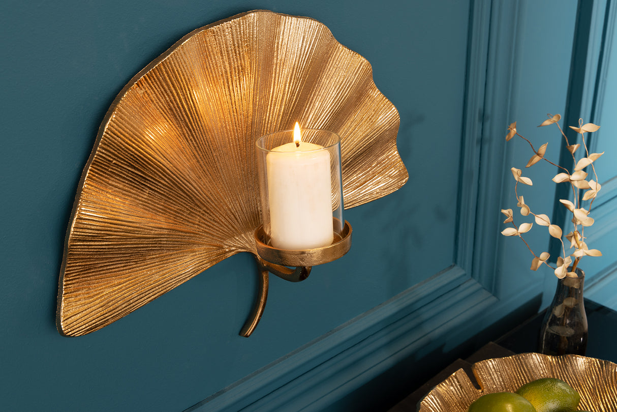 Wall decoration candleholder GINKGO gold