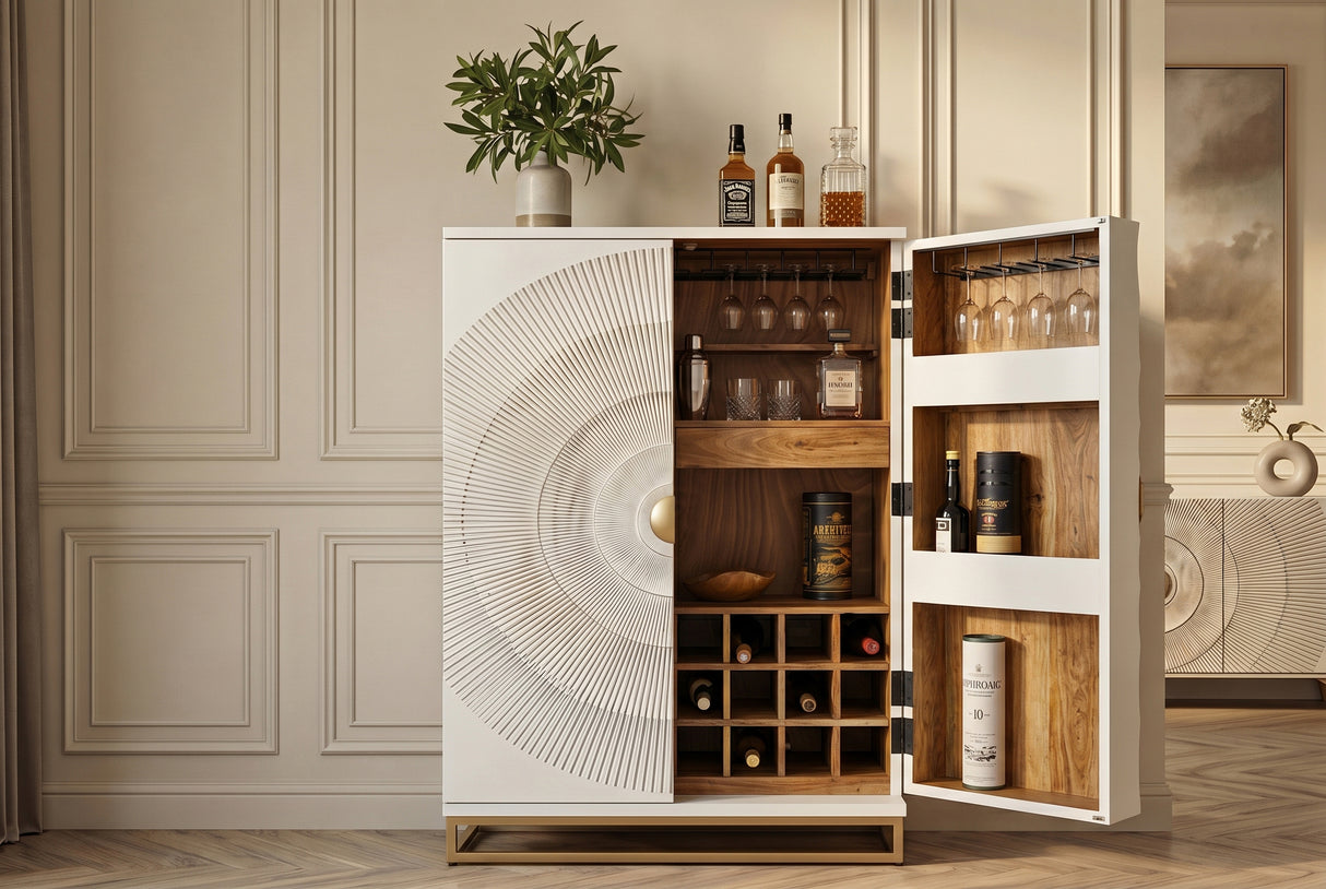 Barschrank GOLDEN SUNSET 140cm 3D Mangoholz weiß