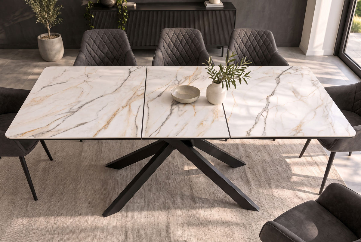 Esstisch ALPINE 160-200cm ausziehbar, Calacatta Oro Keramik in Marmoroptik, weiß mit schwarzem Sternenfuß