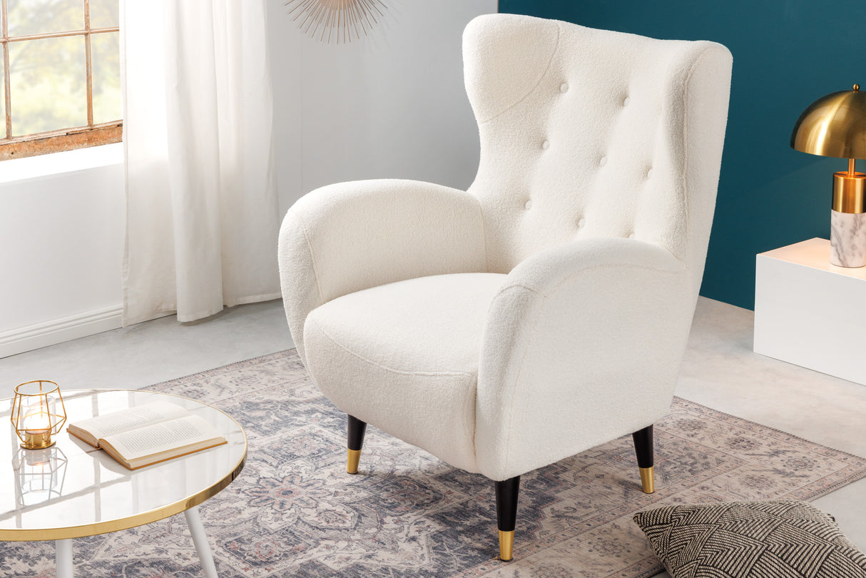 Ohrensessel DON mit goldenen Kappen Bouclé weiß