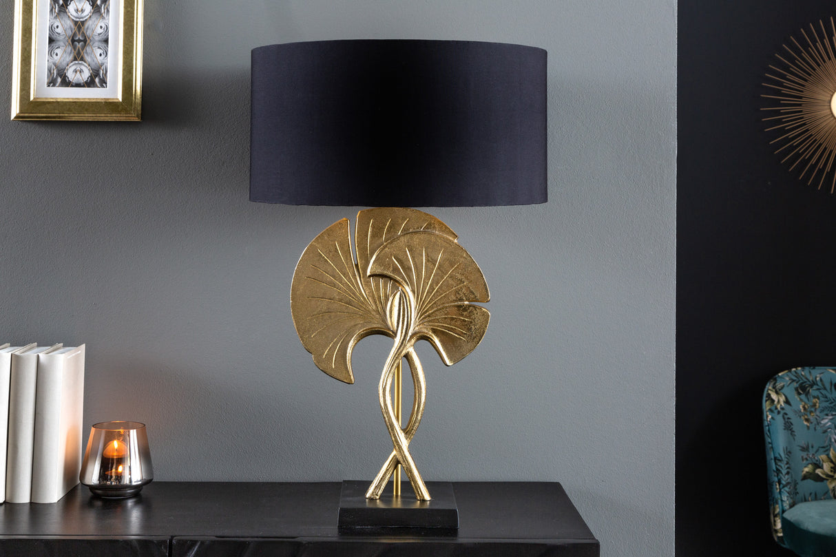Tischleuchte GINKGO 62cm gold Baumwollschirm schwarz / verstellbarer Lampenschirm