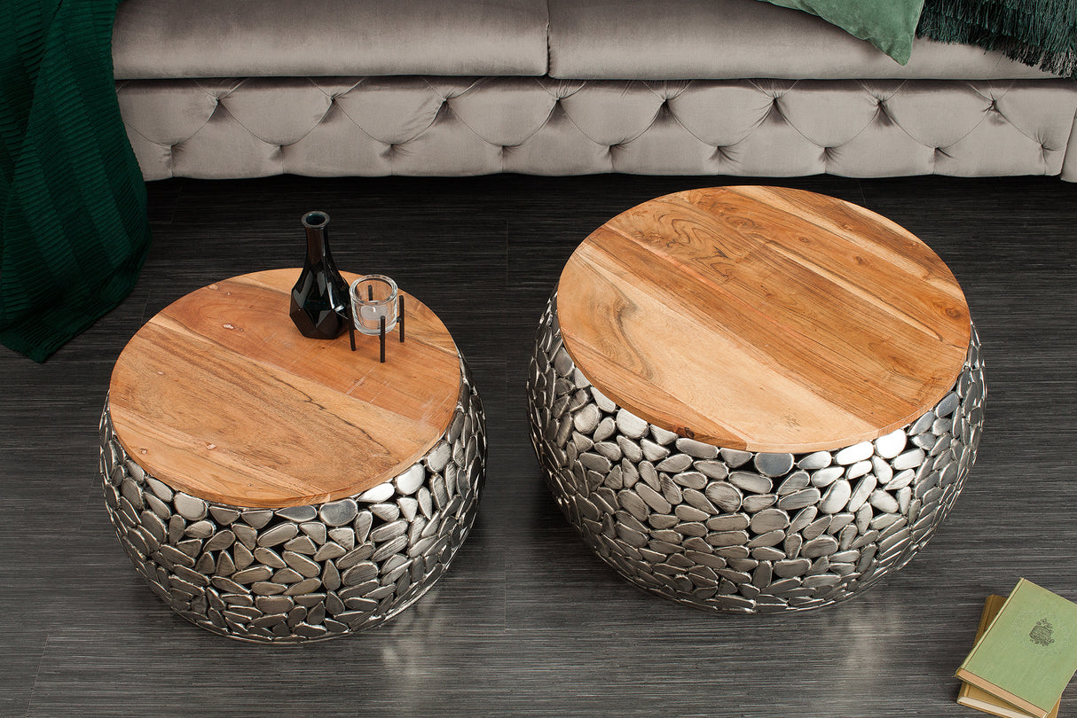 Couchtisch STONE MOSAIC 2er Set 54-66cm Mangoholz Platten silber