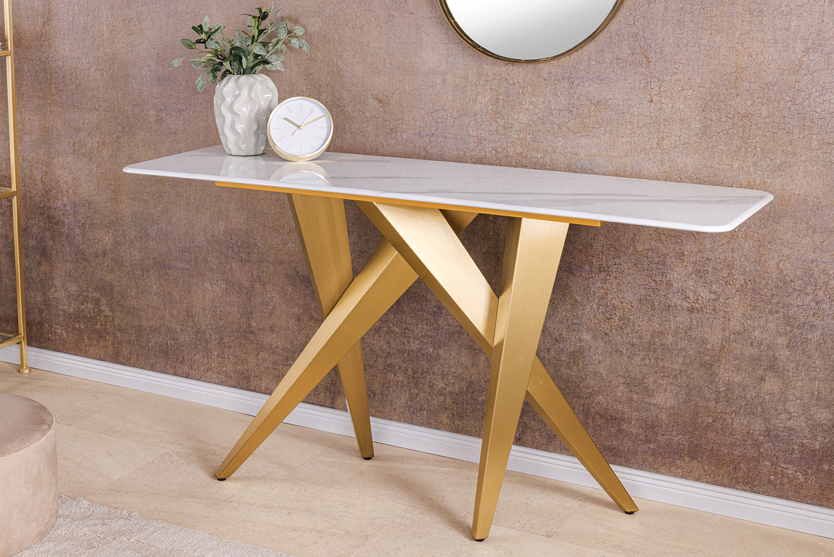 Console ART LIVING 140cm ceramic white marble top w/ champagne golden frame