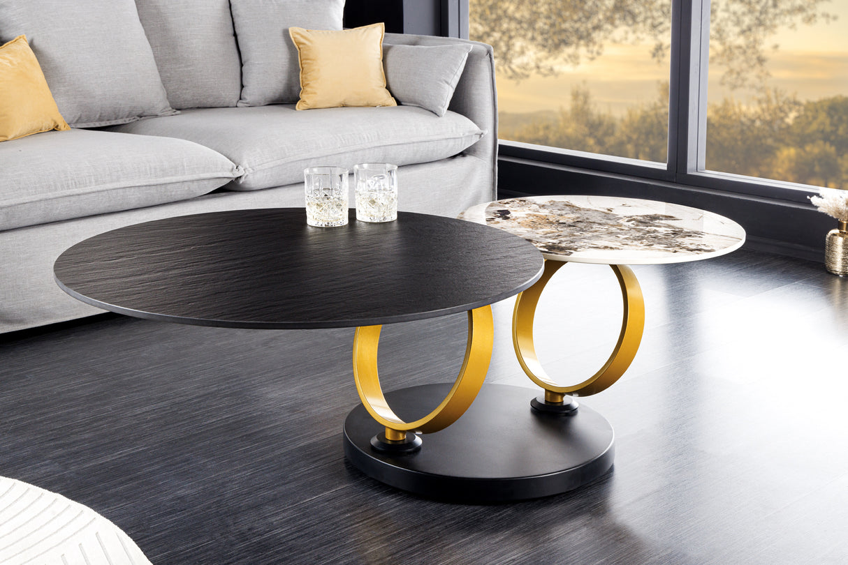 Coffee table DANCING RINGS 80-135cm rotatable ceramic black and natural stone look