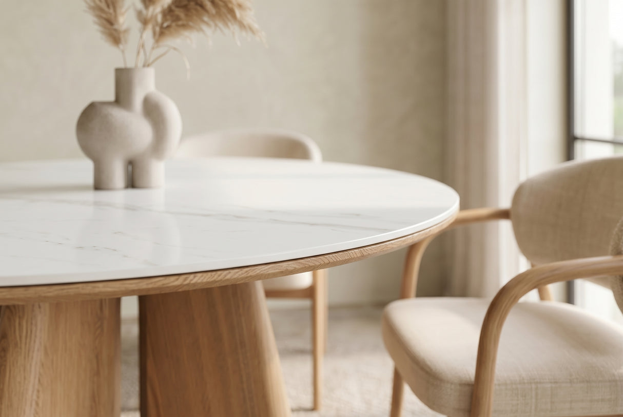 Dining table ORGANIKO 120cm round white marble ceramic top w/ oak wood look frame