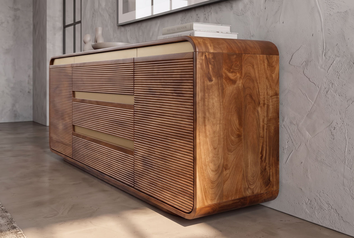 Sideboard MONZA 180cm fluted front rounded edges mango wood brown w/ gold details