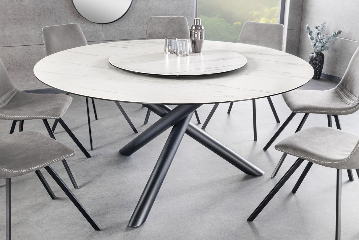 Esstisch SPIN Ø 150cm mit abnehmbarer Platte Keramik Marmoroptik weiß