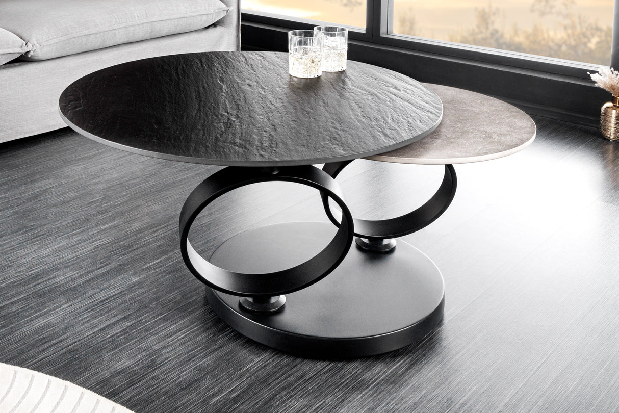 Couchtisch DANCING RINGS 80-135cm drehbar Keramik schwarz und grau