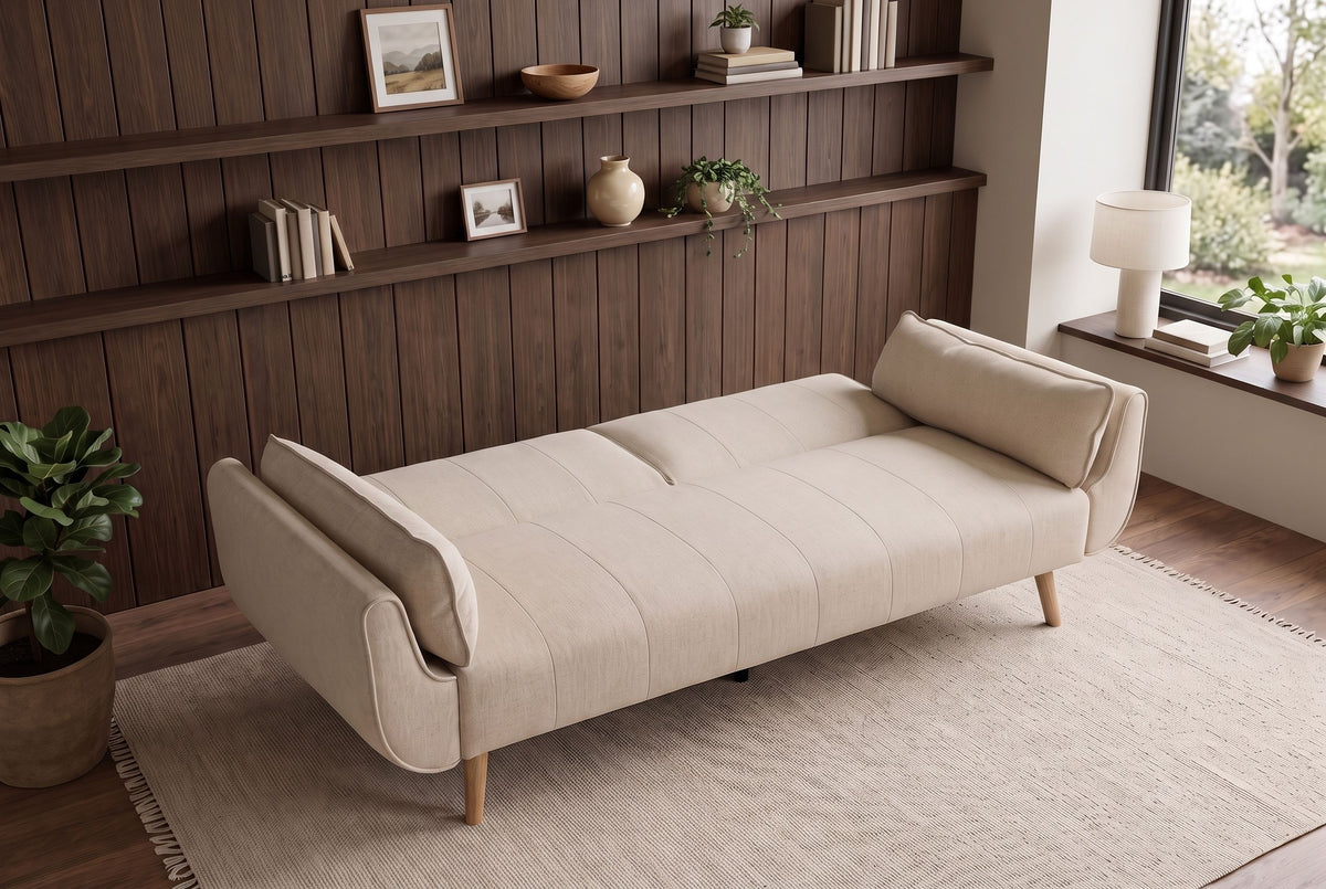 Schlafsofa DIVANI 220 cm 3-Sitzer mit Armlehnkissen, Strukturstoff greige, Holzfüße