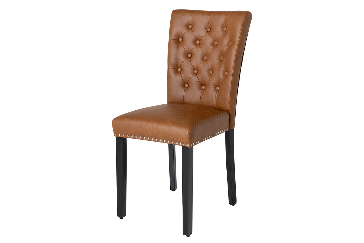Chair CASTLE artificial leather cognac brown w/ quilting in chesterfield style