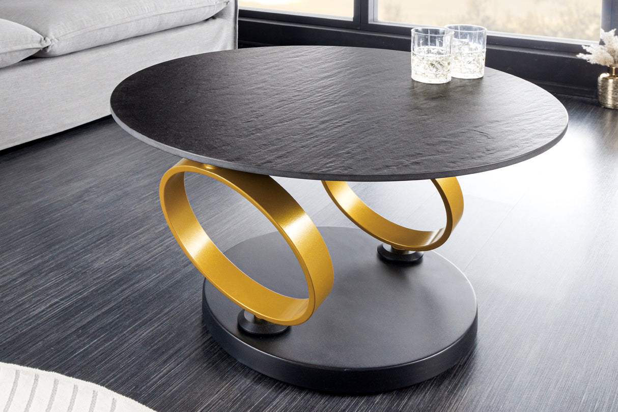 Coffee table DANCING RINGS 80-135cm rotatable ceramic black and natural stone look