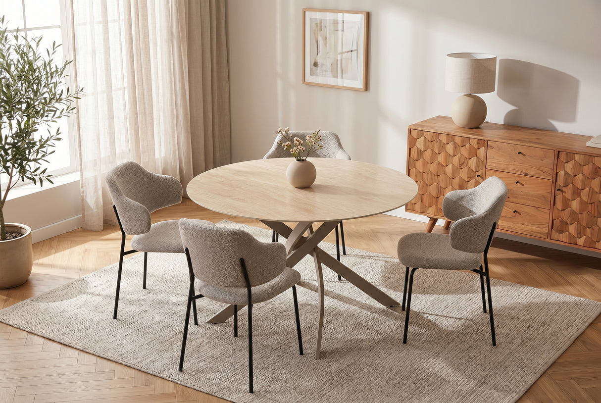 Dining table ALPINE Ø 120cm round travertine ceramic champagne greige