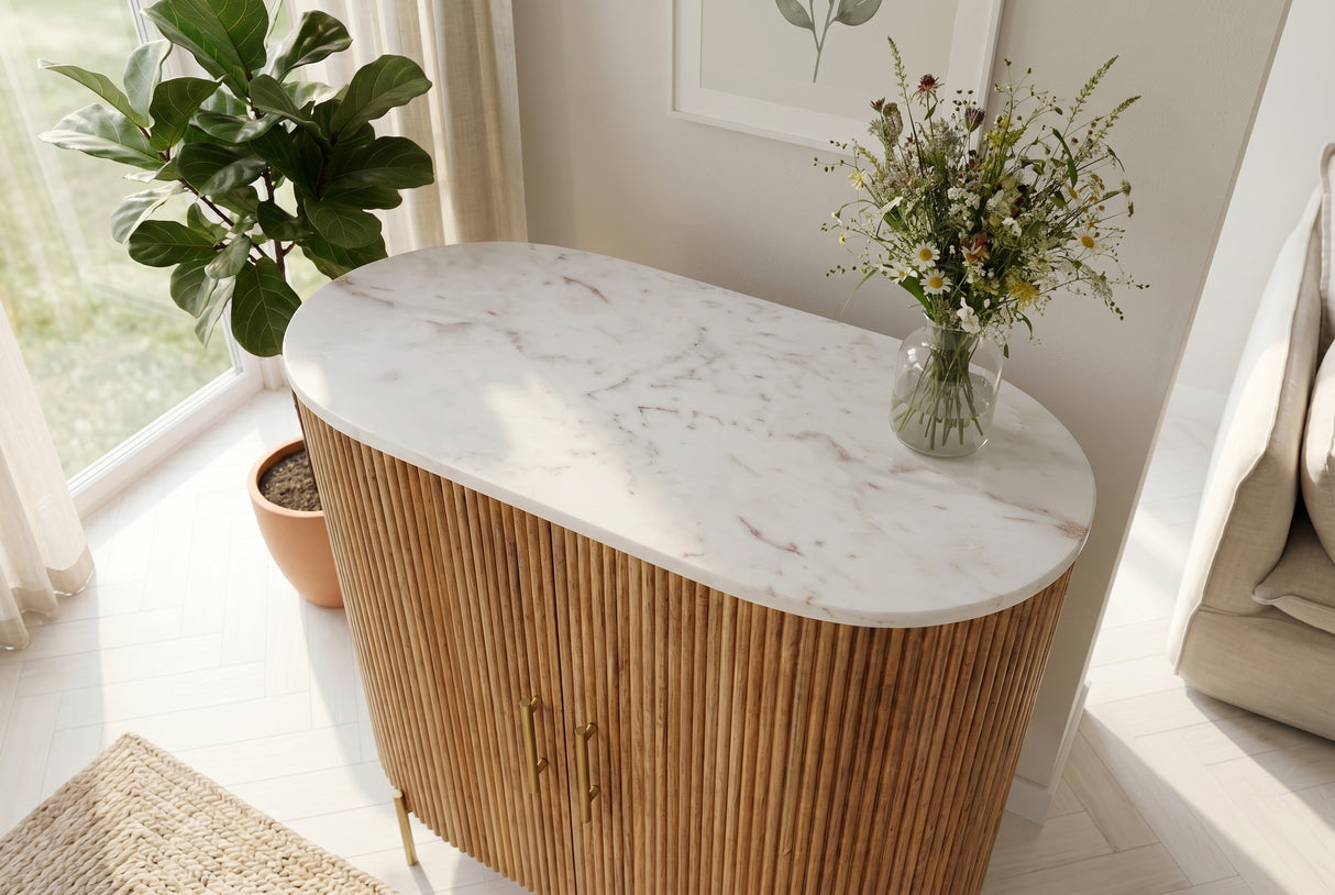 Sideboard TRES CHIC 70cm mango wood natural w/ white marble top and golden handles