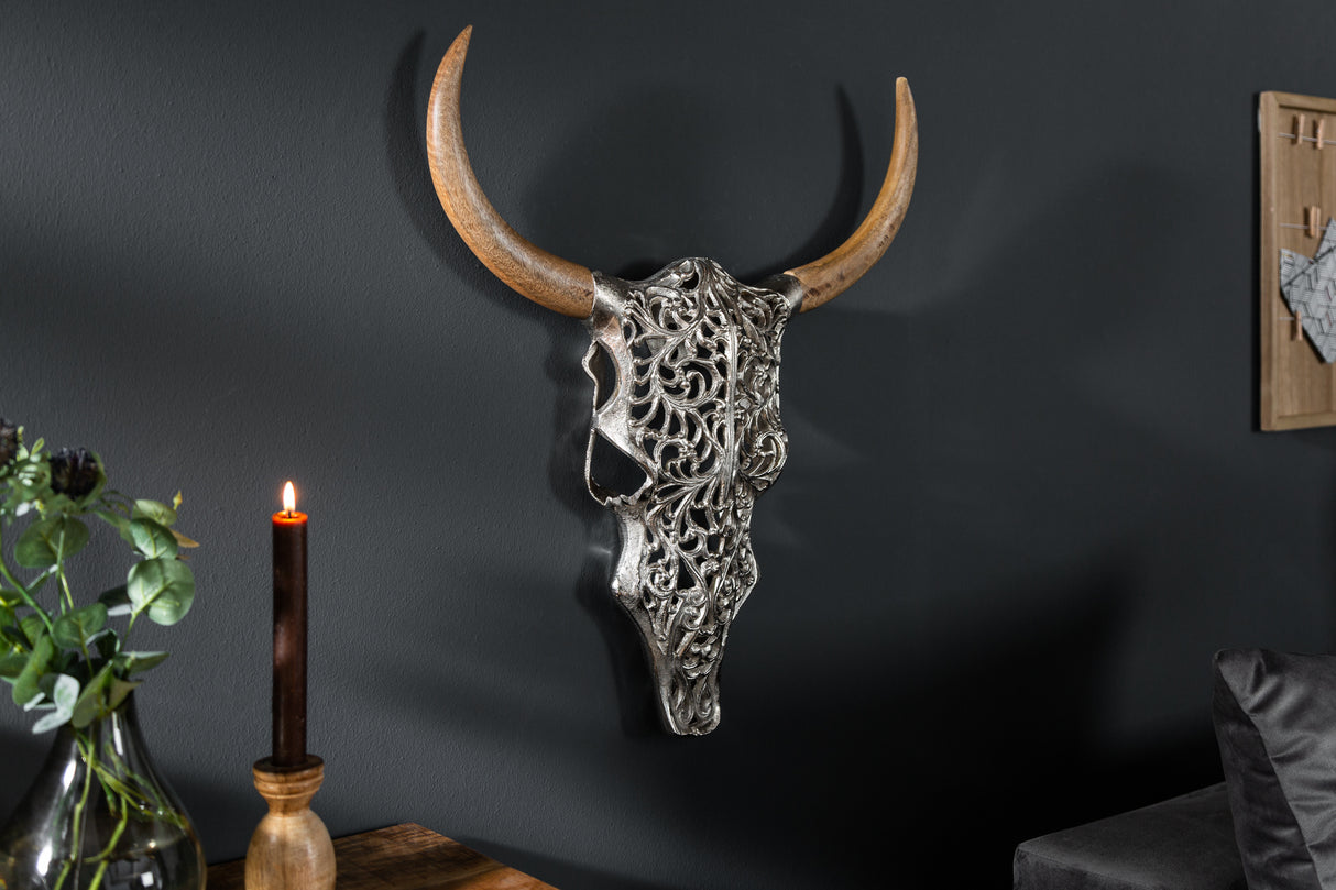 Wanddeko Totenkopf EXOTIC BULL 57cm silber Mangoholz Hörner