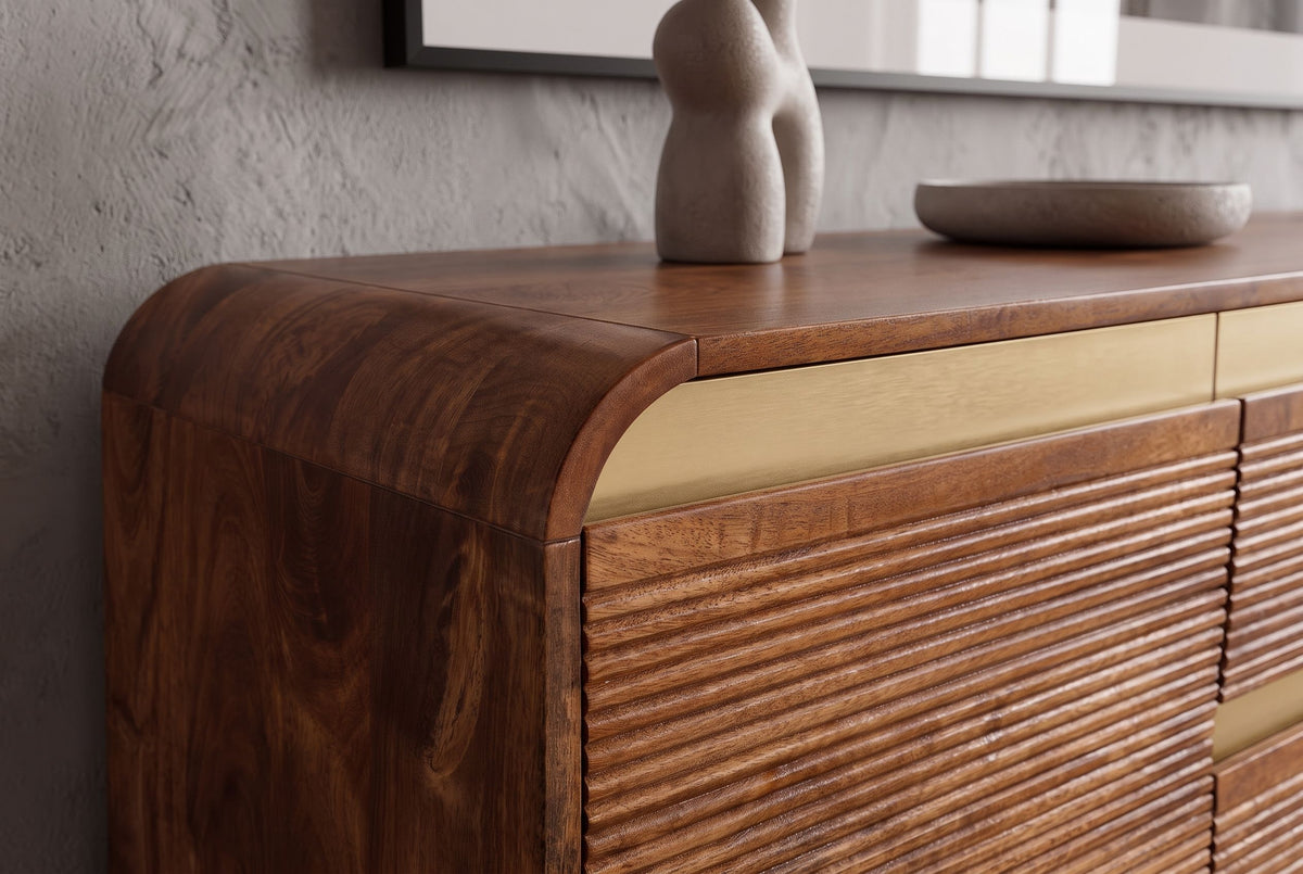 Sideboard MONZA 180cm fluted front rounded edges mango wood brown w/ gold details