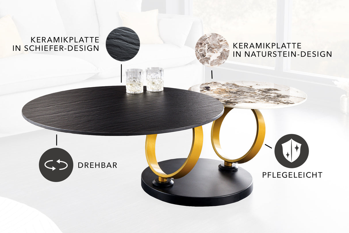 Coffee table DANCING RINGS 80-135cm rotatable ceramic black and natural stone look