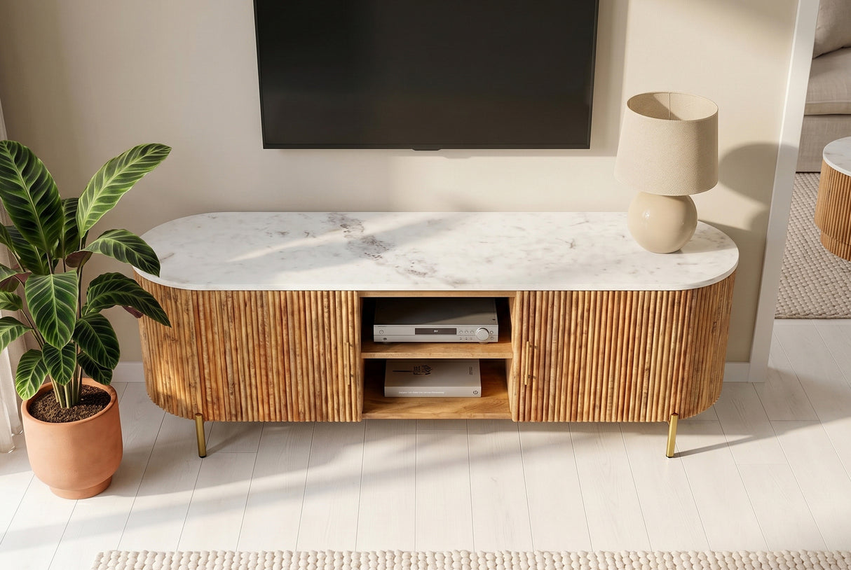 TV-Board TRES CHIC 140cm Mangoholz natur mit weißer Marmorplatte und goldenen Griffen