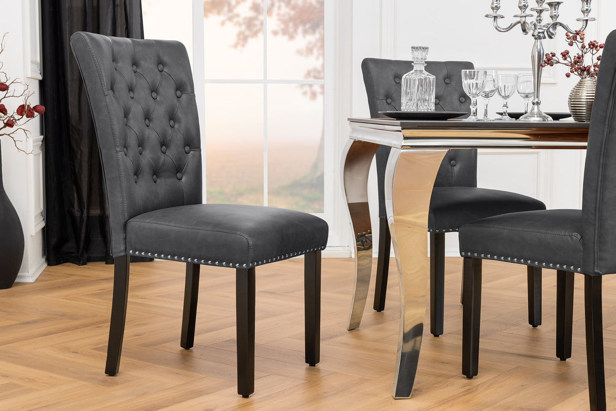 Chair CASTLE artificial leather vintage black w/ quilting in chesterfield style