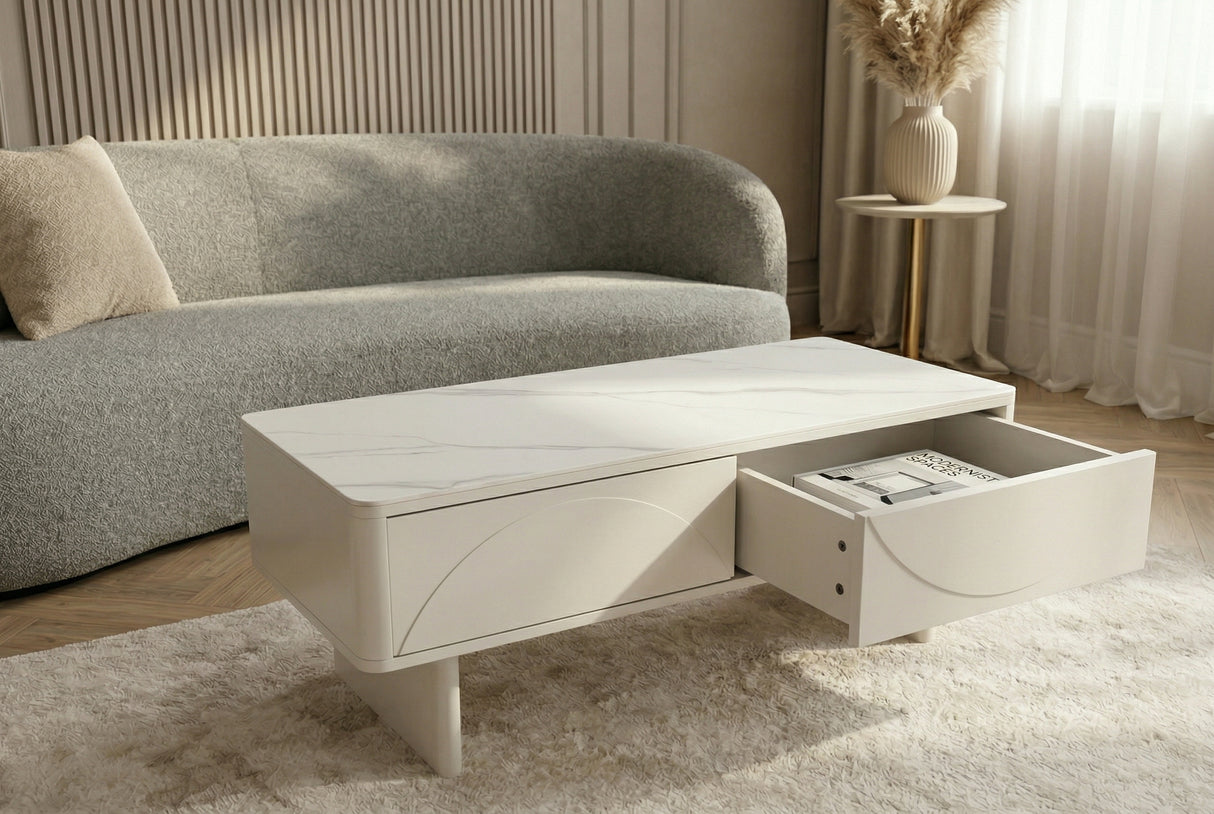 Couchtisch SAVOY 120 cm 3D weiß mit weißer Marmorkeramikplatte
