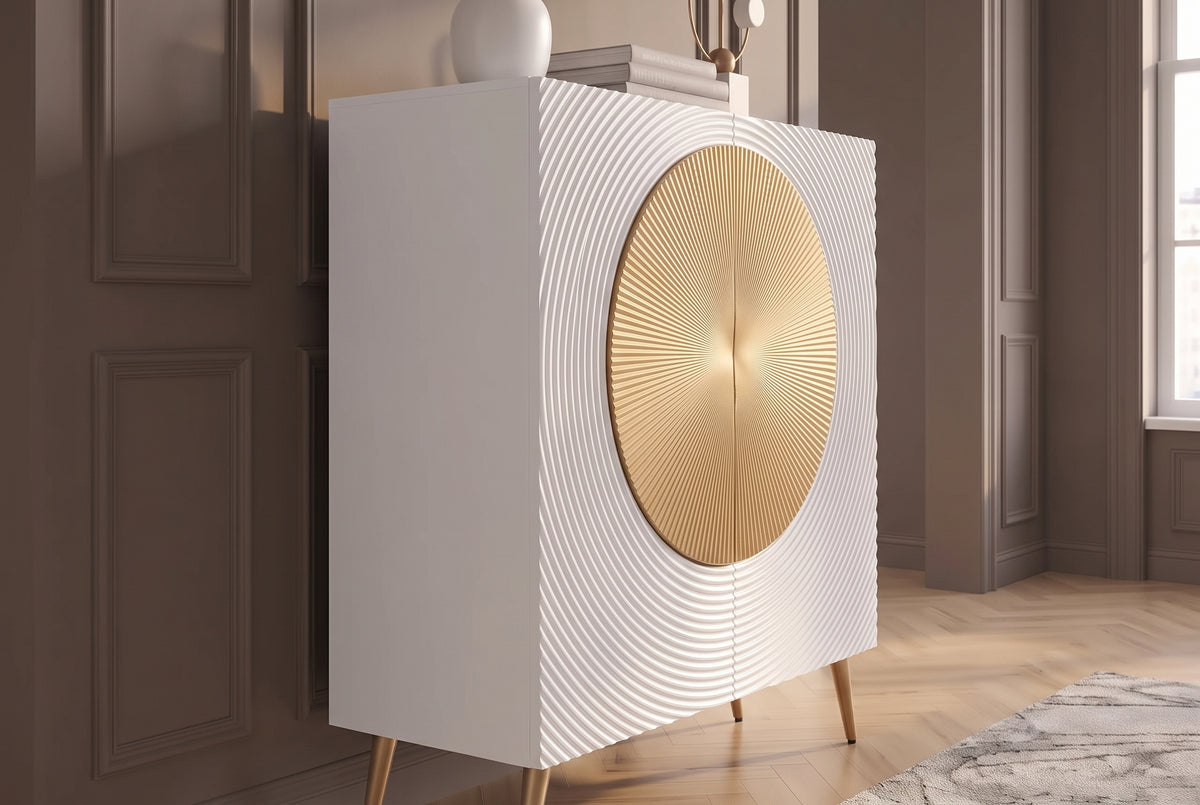Highboard AURUM 120cm textured front gold circle accent mango wood white gold metal feet