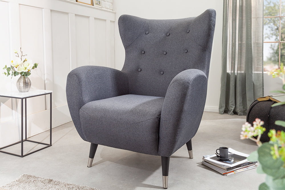 Wing chair DON anthracite w/ silver caps flat woven fabric