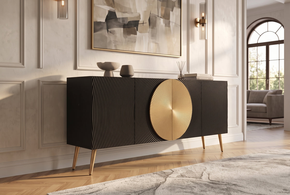Sideboard AURUM 180cm textured front gold circle accent mango wood black gold metal feet