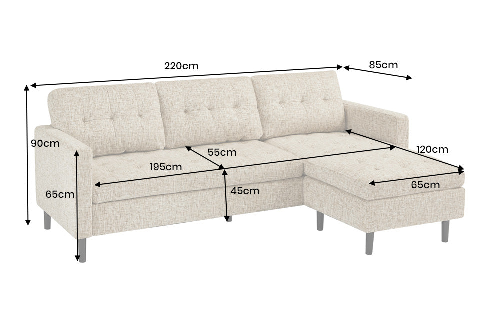 Ecksofa STOCKHOLM 220cm 3-Sitzer Federkern Strukturstoff beige