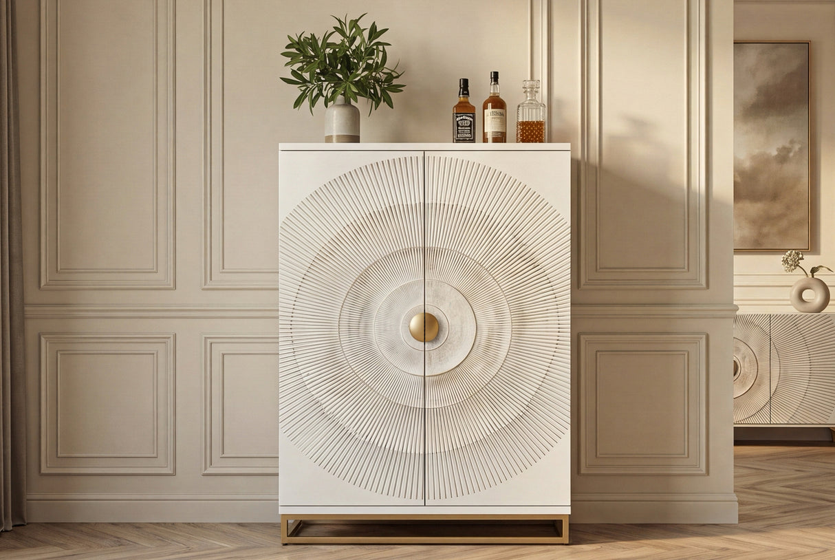 Barschrank GOLDEN SUNSET 140cm 3D Mangoholz weiß