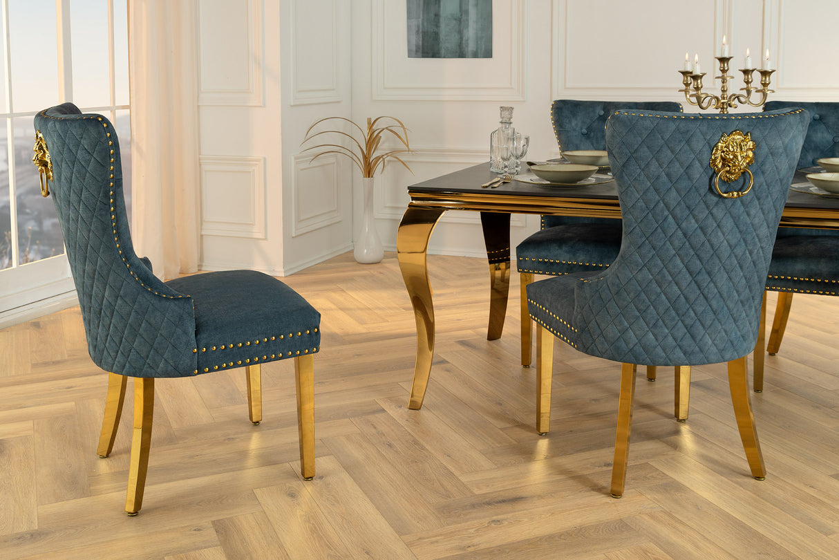 Chair CASTLE w/ lion´s head handle velvet petrol golden legs in baroque style