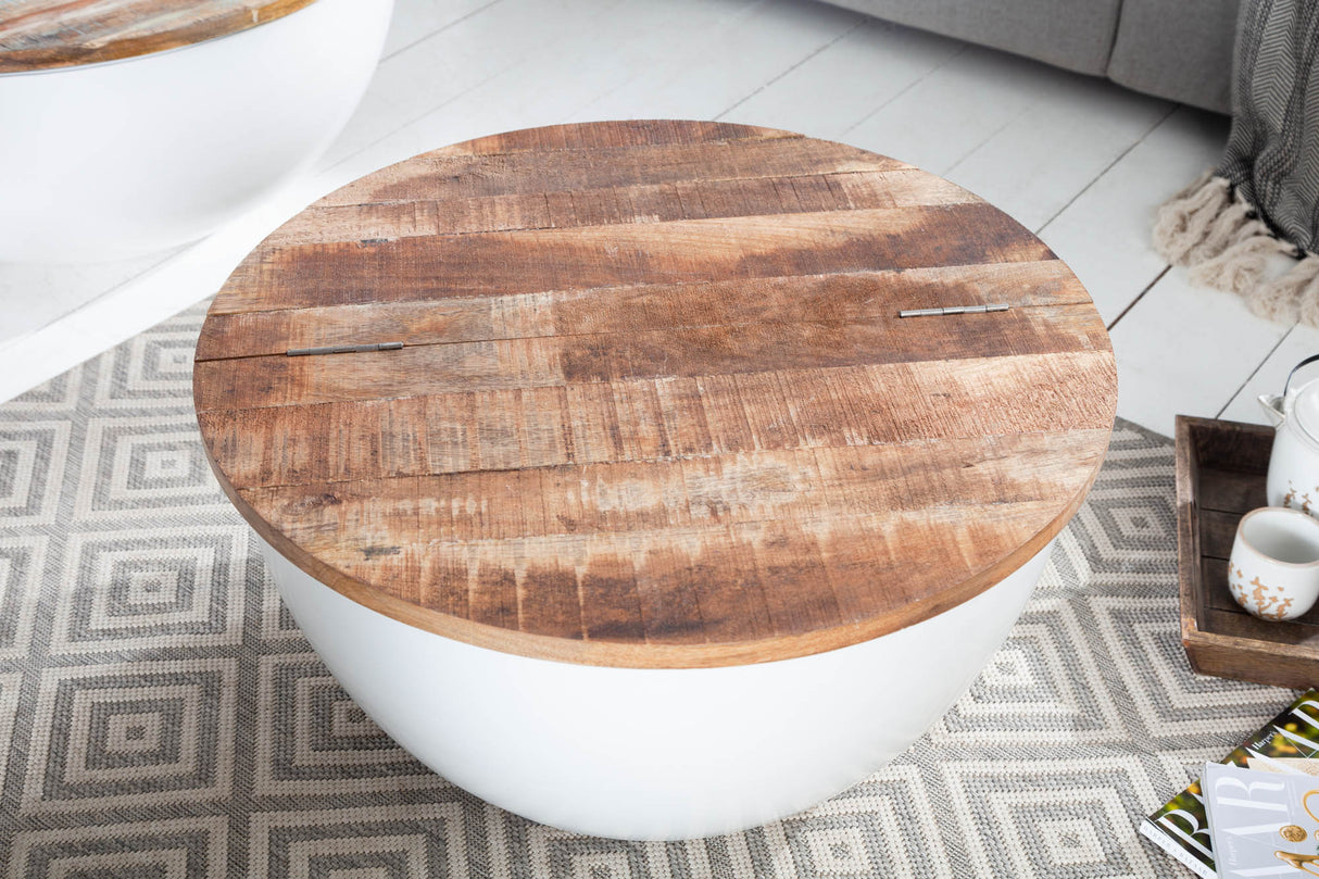 Coffee table INDUSTRIAL STORAGE 60cm mango wood top and white base