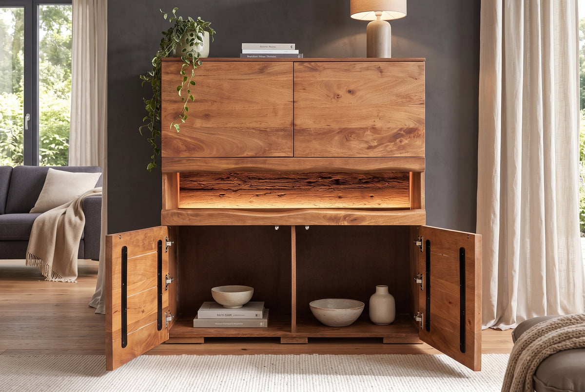 Highboard GRAND MANGO 120cm mango wood brown w/ remote-controlled LED light