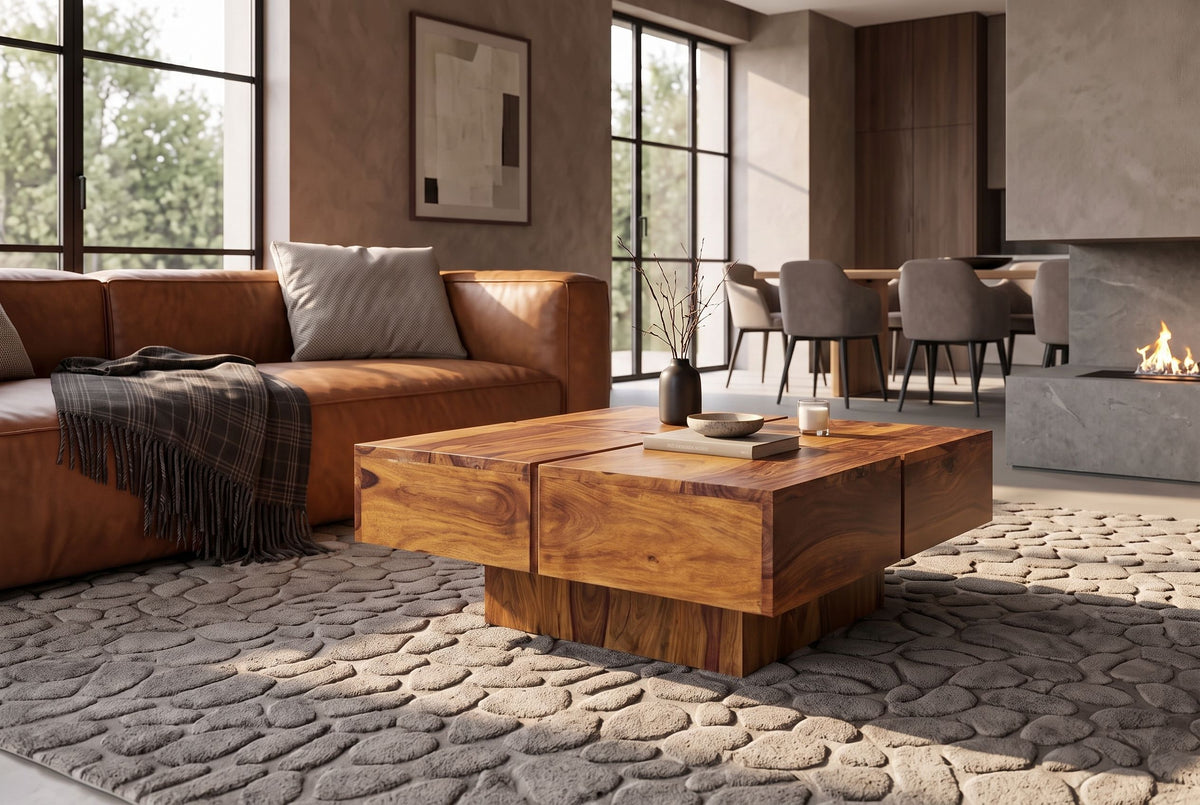 Coffee table BOLT 70cm square pedestal base sheesham wood brown stone finish
