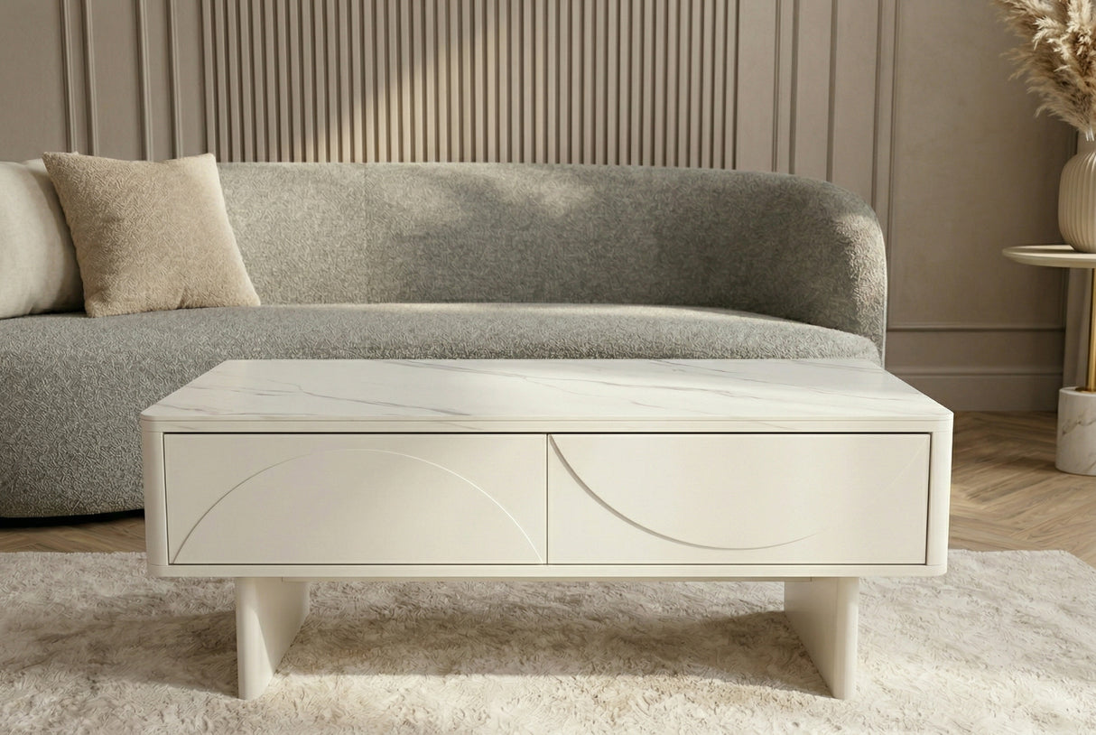 Couchtisch SAVOY 120 cm 3D weiß mit weißer Marmorkeramikplatte