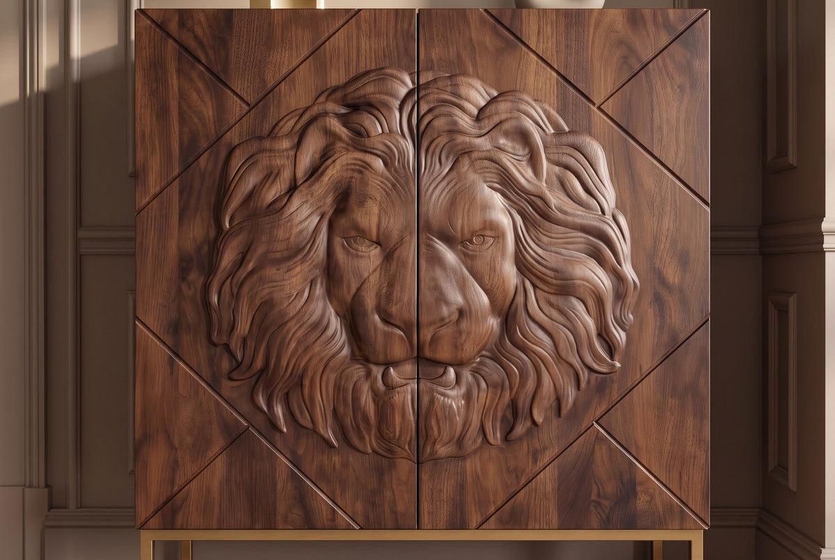 Highboard LION 120cm 3D lion front mango wood brown w/ gold metal frame