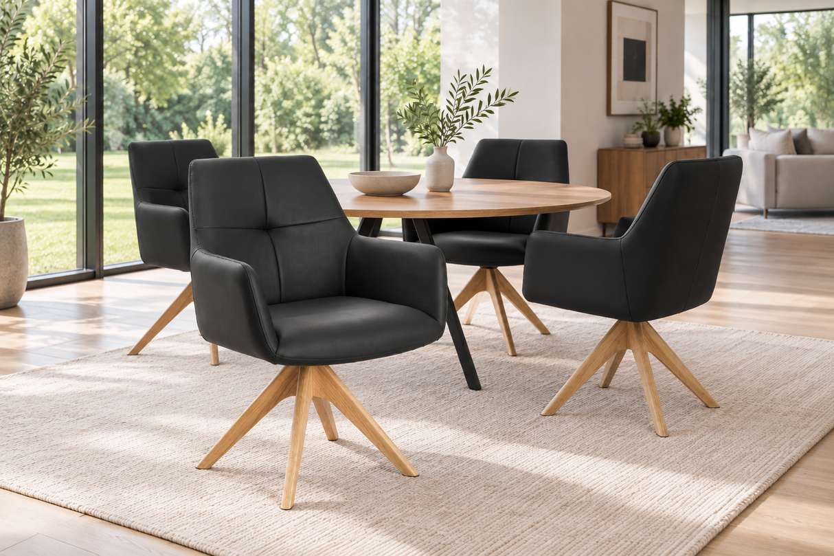 Swivel chair ALMARA 360° auto-return w/ armrests pocket spring core leather black