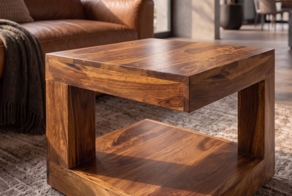 Coffee table GIANT S 45x45cm w/ open storage shelf sheesham wood natural stone finish